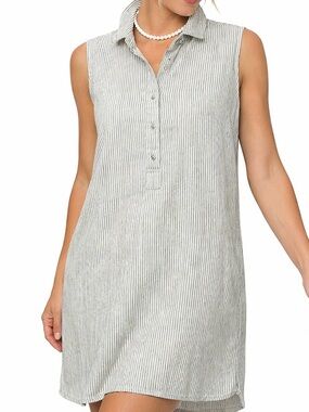 Tahari 100% Linen Dress Henley Shirt w Collar Coastal Cottage Beige Black-pin 1X
